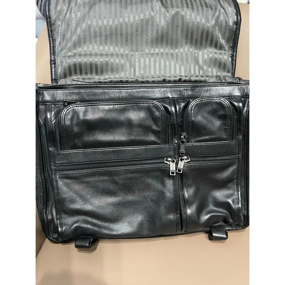 TUMI Alpha Briefcase Bag Nappa Leather Flap Expandable Black Messenger Laptop